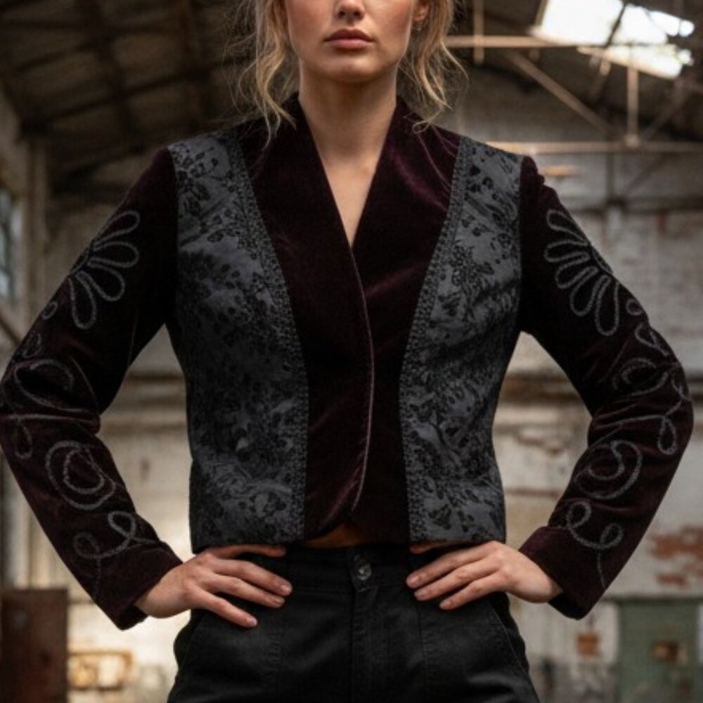 CITY GIRL by Nancy Bolen Black Velvet Embroidered Crop Jacket (8) - Goth